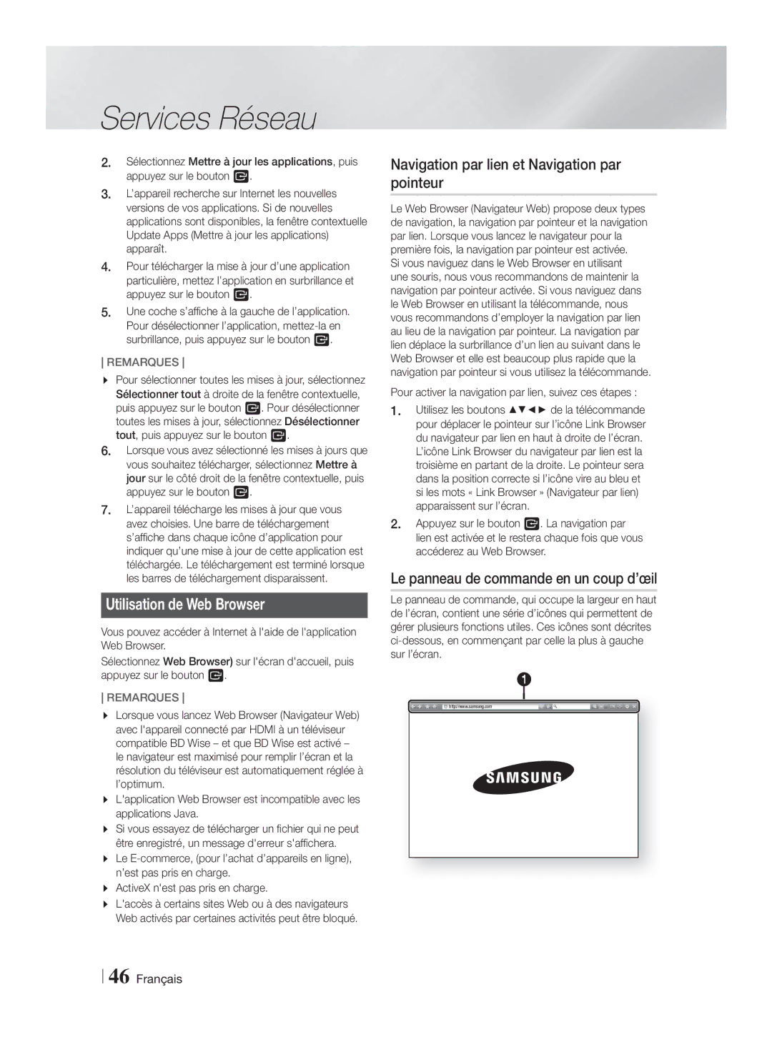 Samsung HT-FS5200/XN, HT-F5200/XN, HT-F5200/EN Utilisation de Web Browser, Navigation par lien et Navigation par pointeur 