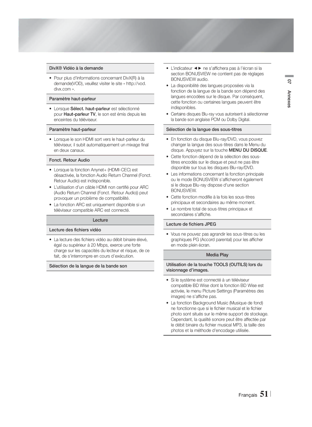 Samsung HT-FS5200/ZF manual Lecture Lecture des fichiers vidéo, Sélection de la langue des sous-titres, Bonusview, Annexes 