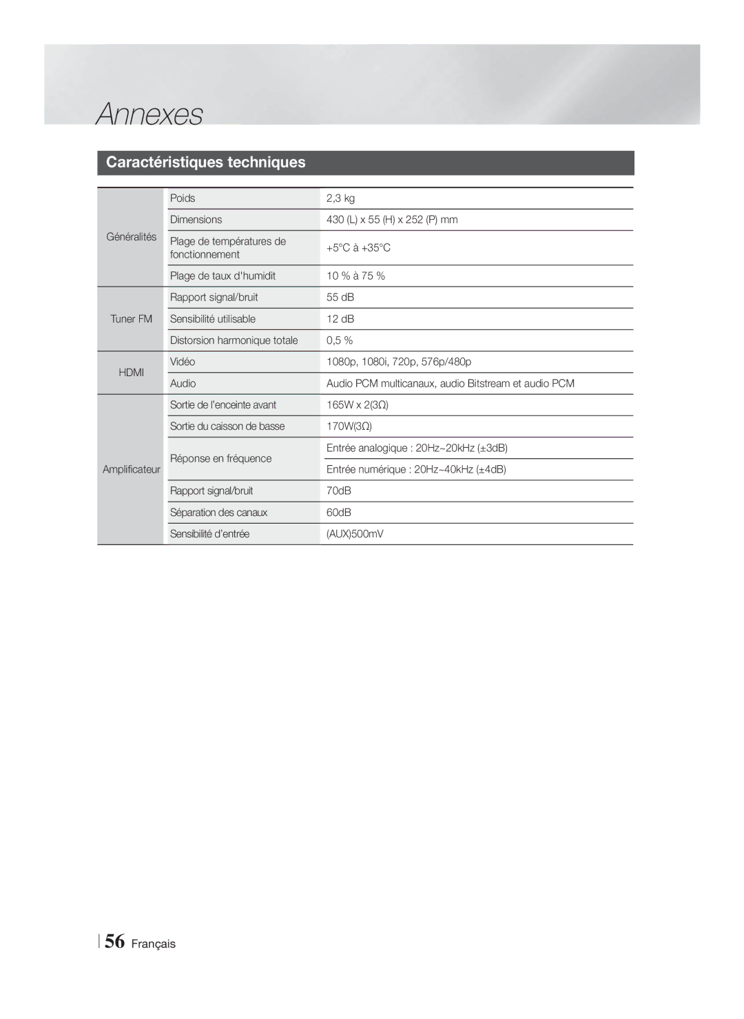 Samsung HT-F5200/EN, HT-FS5200/XN, HT-F5200/XN manual Caractéristiques techniques, Poids, Entrée numérique 20Hz~40kHz ±4dB 