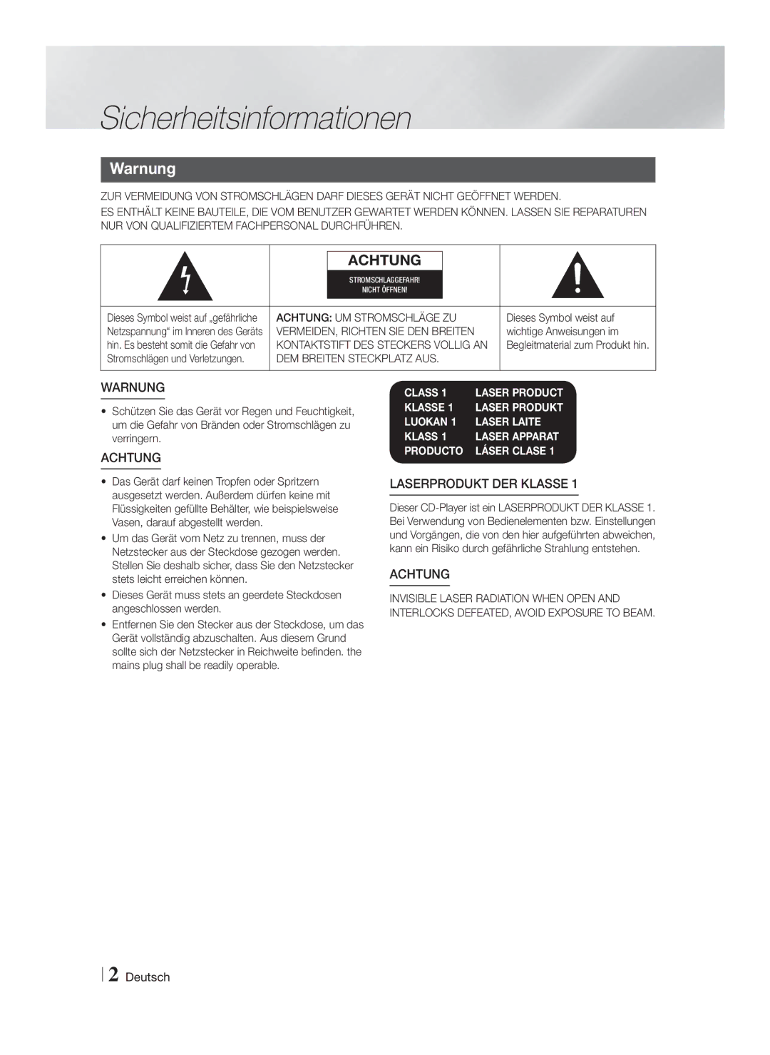 Samsung HT-F5200/XE, HT-F5200/XN Sicherheitsinformationen, Warnung, Achtung UM Stromschläge ZU, DEM Breiten Steckplatz AUS 