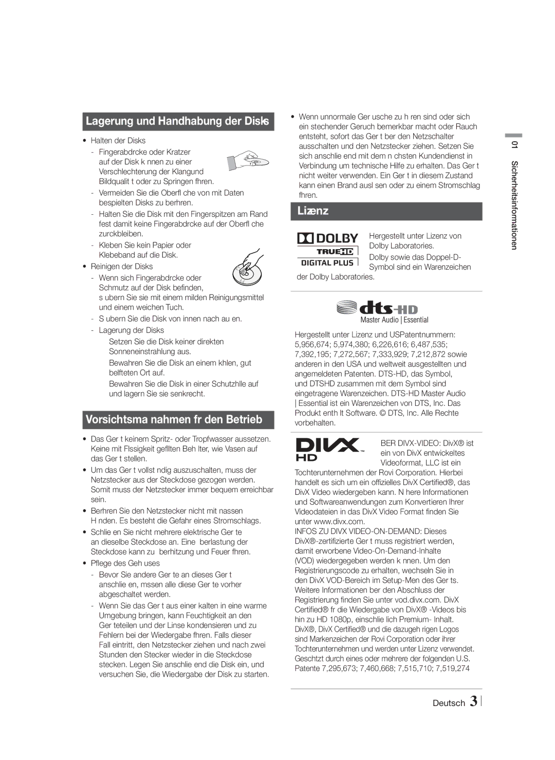 Samsung HT-FS5200/XE, HT-FS5200/XN, HT-F5200/XN, HT-F5200/EN, HT-FS5200/EN manual Lagerung und Handhabung der Disks, Lizenz 