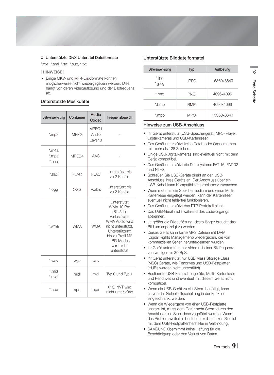 Samsung HT-FS5200/ZF Unterstützte Musikdatei, Unterstützte Bilddateiformatei, Hinweise zum USB-Anschluss, Container Audio 