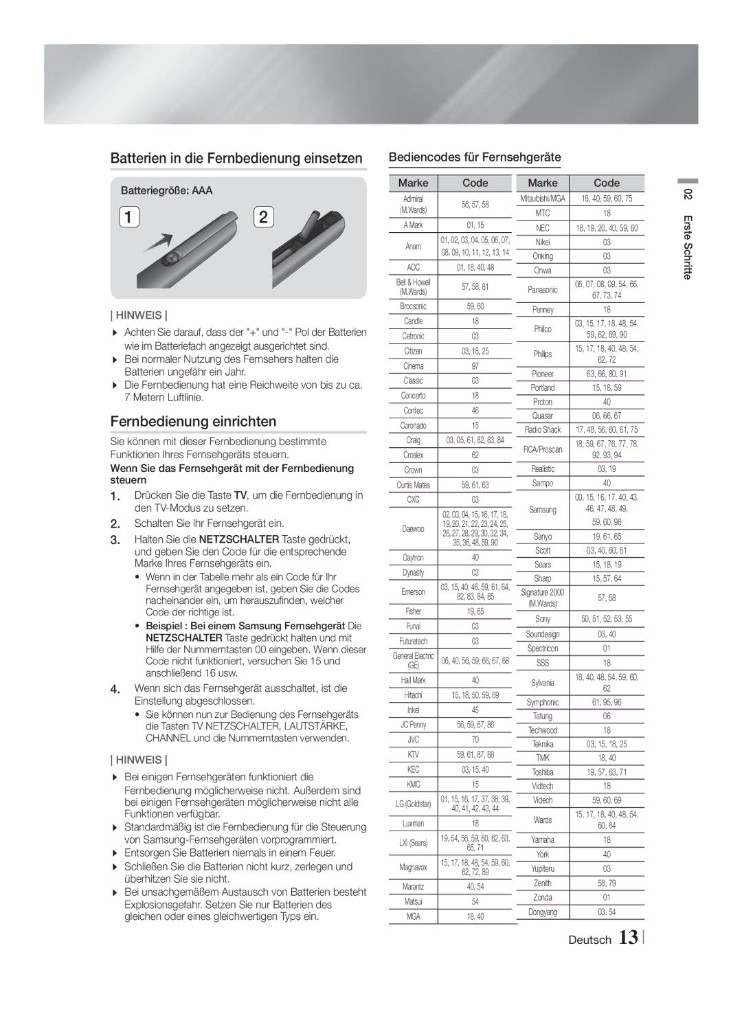 Samsung HT-F5200/XN Batterien in die Fernbedienung einsetzen, Fernbedienung einrichten, Bediencodes für Fernsehgeräte 