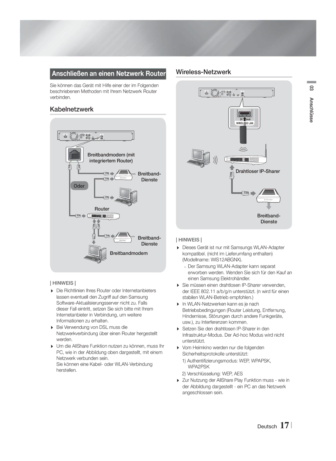 Samsung HT-FS5200/ZF manual Anschließen an einen Netzwerk Router Wireless-Netzwerk, Kabelnetzwerk, Dienste Breitbandmodem 