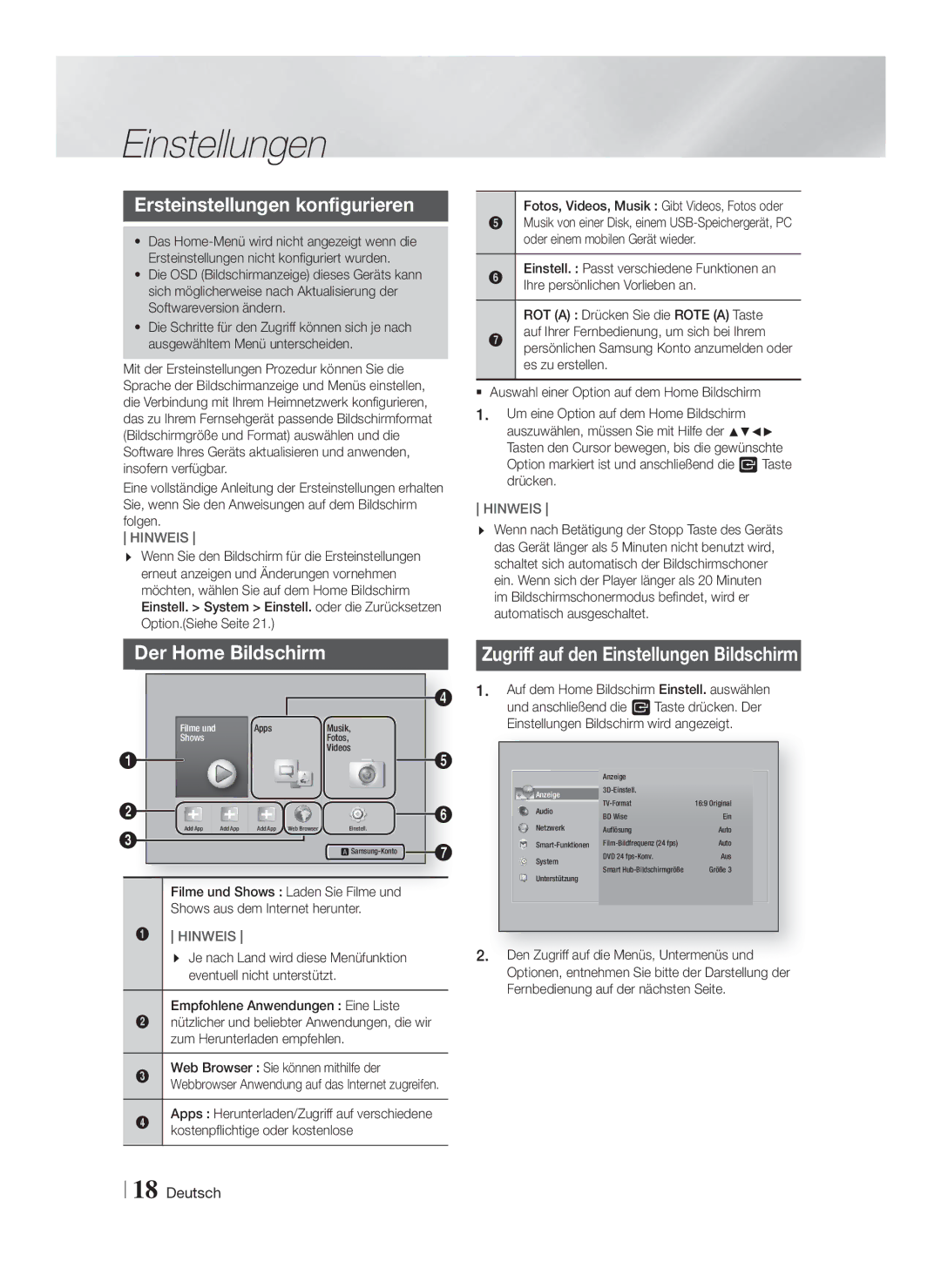 Samsung HT-F5200/XE, HT-FS5200/XN, HT-F5200/XN manual Einstellungen, Ersteinstellungen konfigurieren, Der Home Bildschirm 