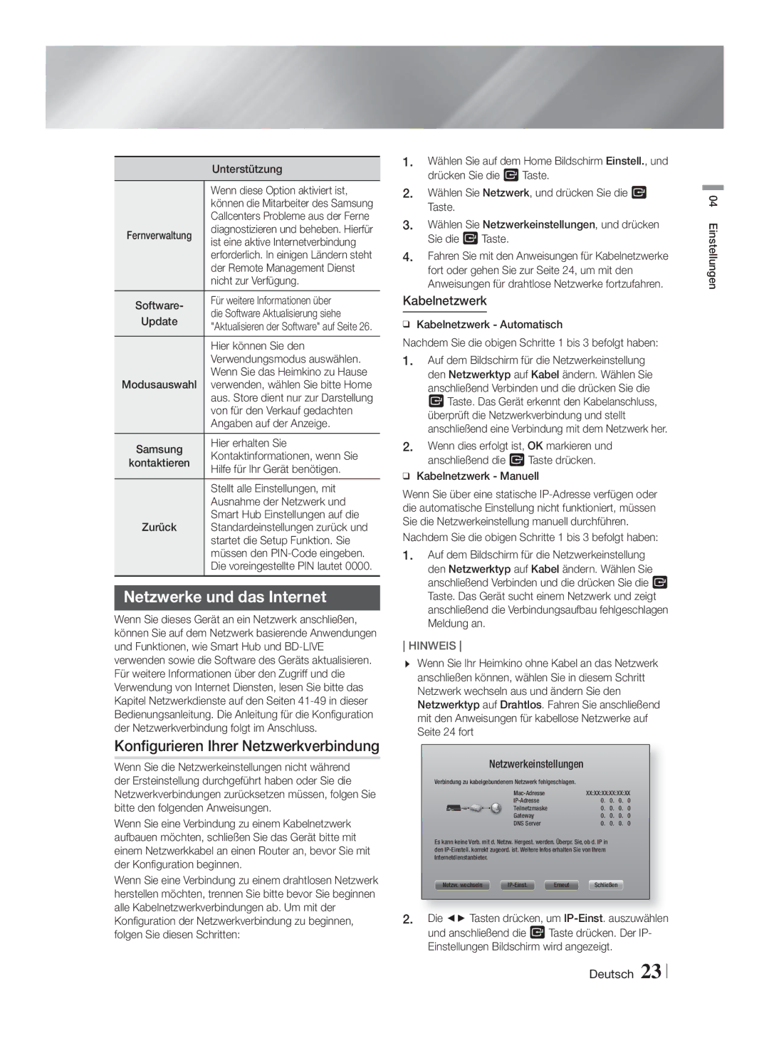 Samsung HT-FS5200/EN, HT-FS5200/XN manual Netzwerke und das Internet, Konfigurieren Ihrer Netzwerkverbindung, Kabelnetzwerk 