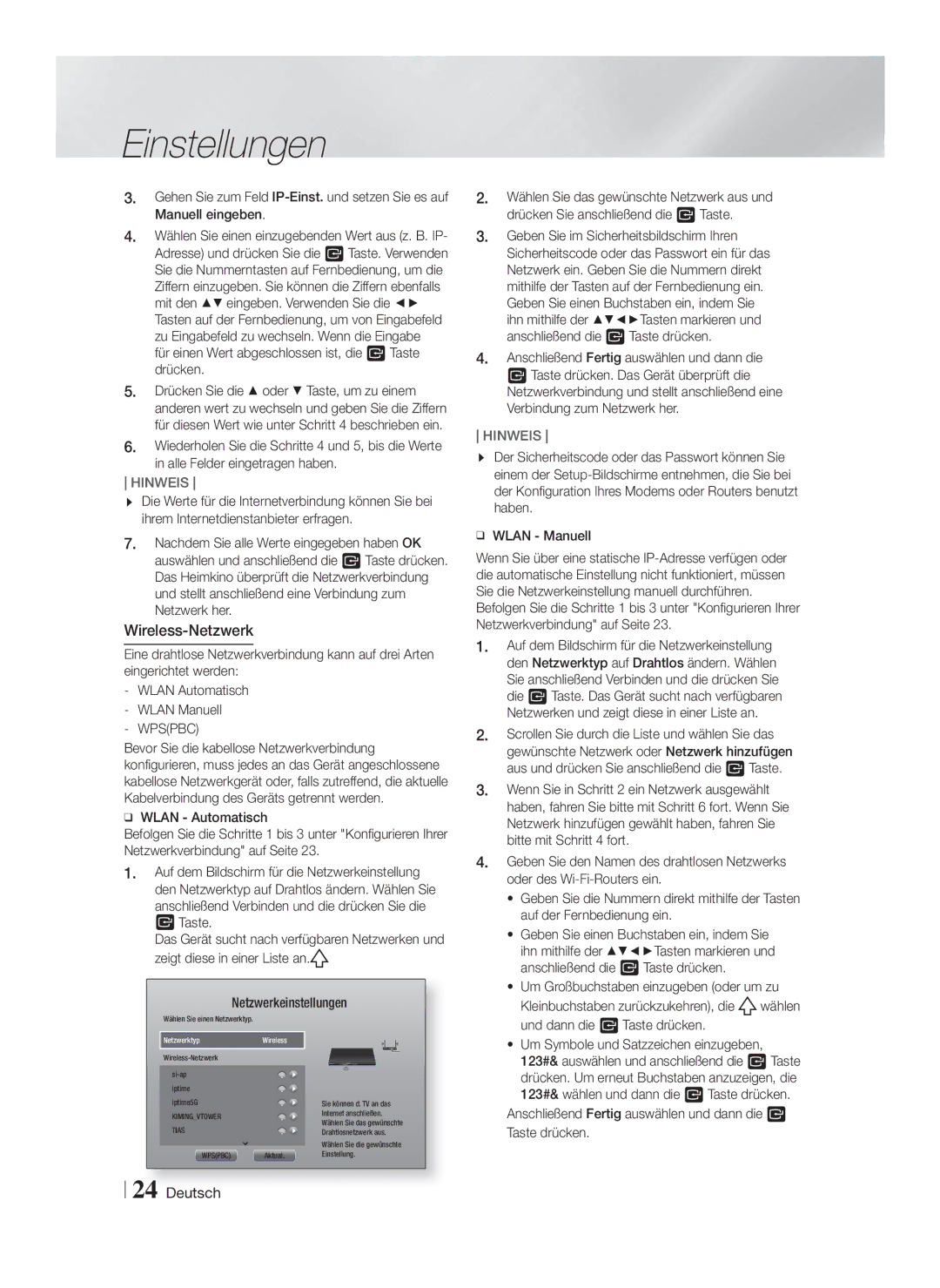 Samsung HT-F5200/ZF, HT-FS5200/XN, HT-F5200/XN, HT-F5200/EN, HT-FS5200/EN, HT-FS5200/ZF, HT-F5200/XE manual Wireless-Netzwerk 