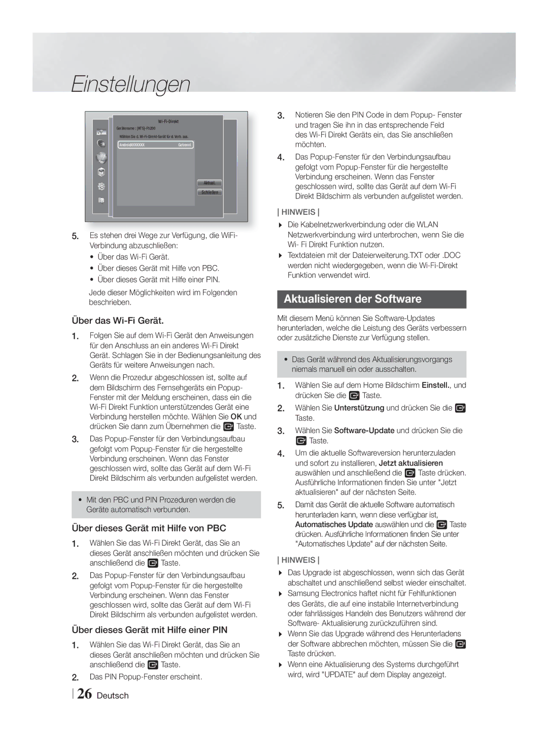 Samsung HT-F5200/XE, HT-FS5200/XN Aktualisieren der Software, Über das Wi-Fi Gerät, Über dieses Gerät mit Hilfe von PBC 