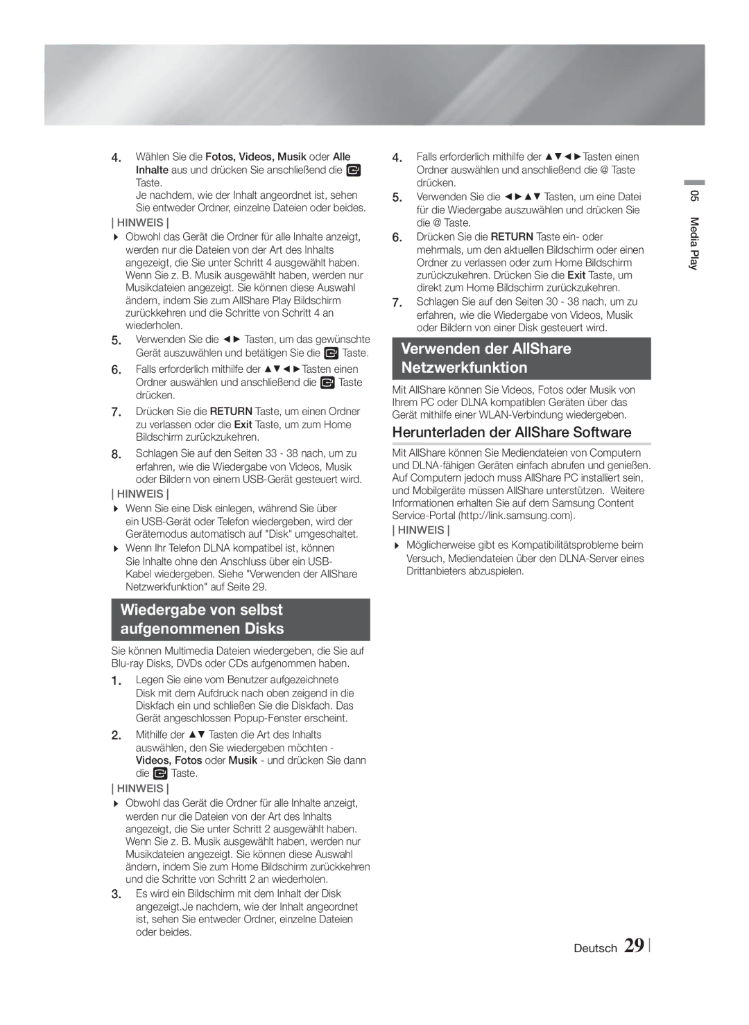 Samsung HT-F5200/XN, HT-FS5200/XN manual Wiedergabe von selbst Aufgenommenen Disks, Verwenden der AllShare Netzwerkfunktion 