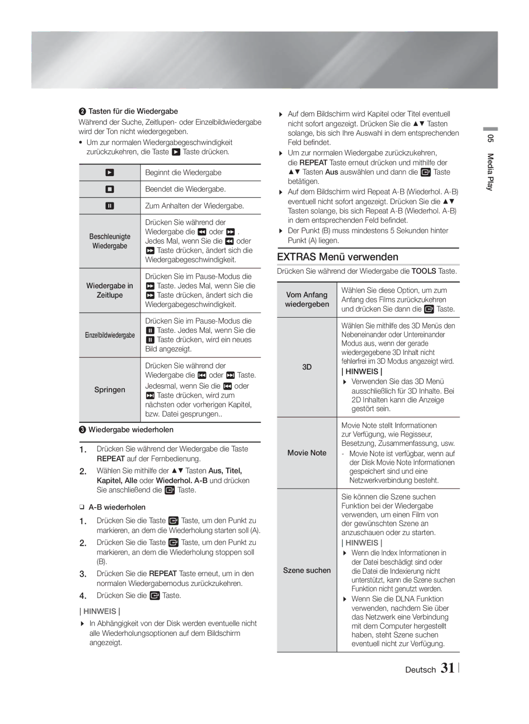 Samsung HT-FS5200/EN, HT-FS5200/XN, HT-F5200/XN, HT-F5200/EN, HT-F5200/ZF, HT-FS5200/ZF manual Extras Menü verwenden, Hinweis 