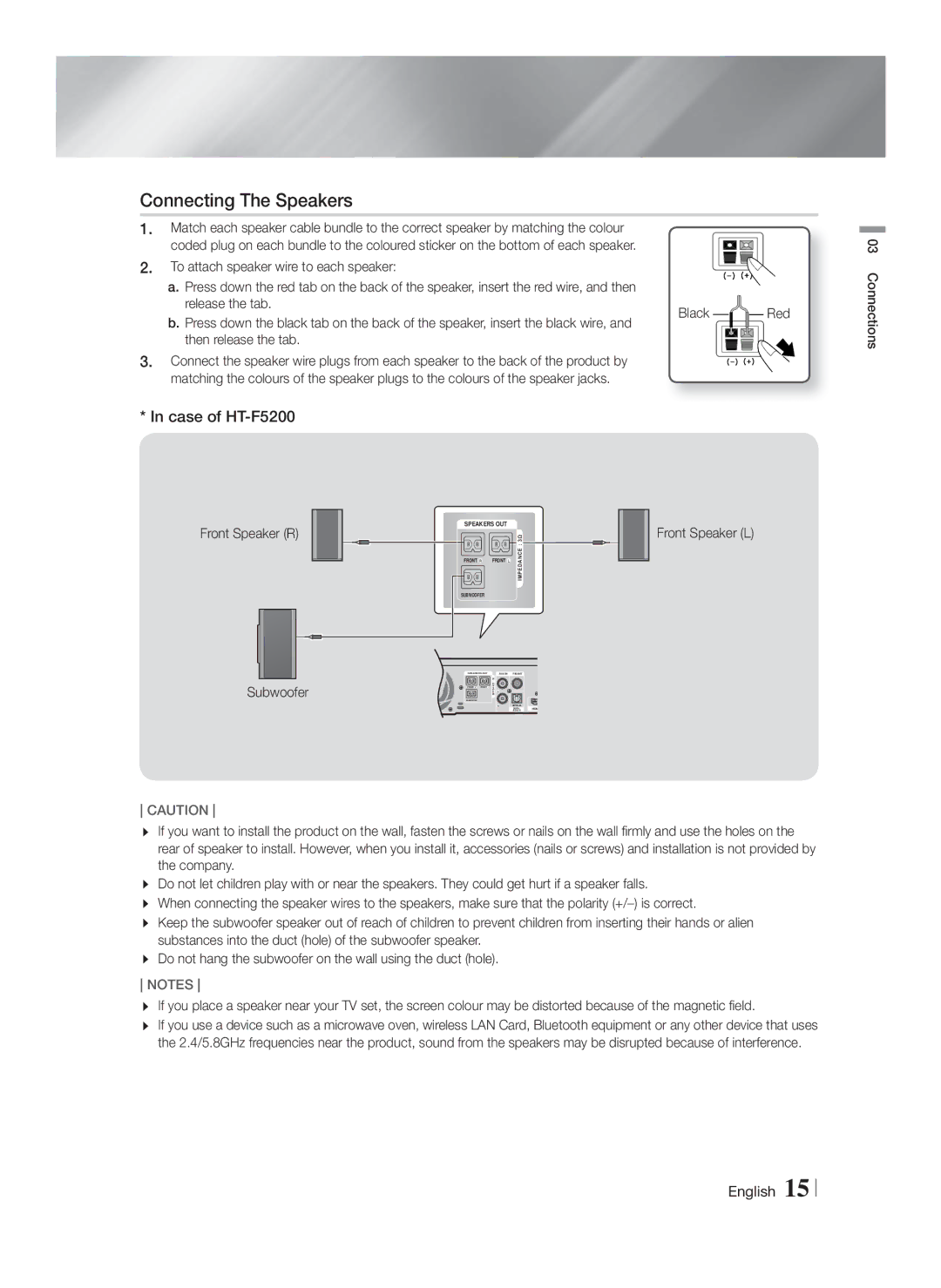 Samsung HT-FS5200/XE, HT-FS5200/XN manual Connecting The Speakers, Case of HT-F5200, Black Red, Front Speaker R Subwoofer 