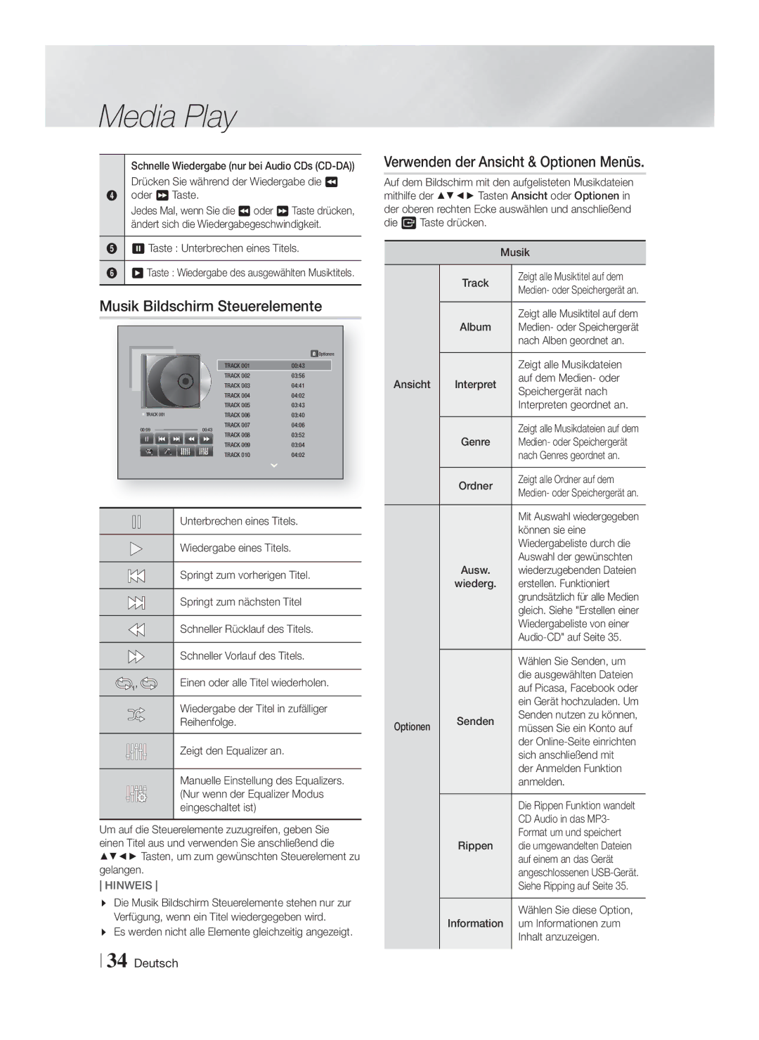 Samsung HT-F5200/XE, HT-FS5200/XN, HT-F5200/XN manual Musik Bildschirm Steuerelemente, Verwenden der Ansicht & Optionen Menüs 