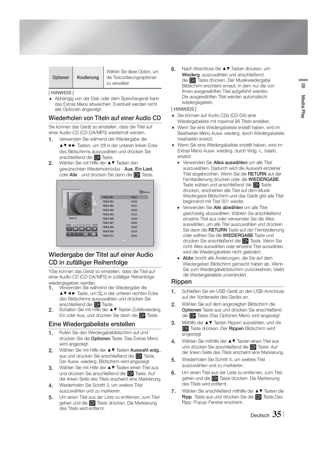 Samsung HT-FS5200/XE, HT-FS5200/XN, HT-F5200/XN Eine Wiedergabeliste erstellen, Rippen, Optionen Kodierung, Zu verwalten 