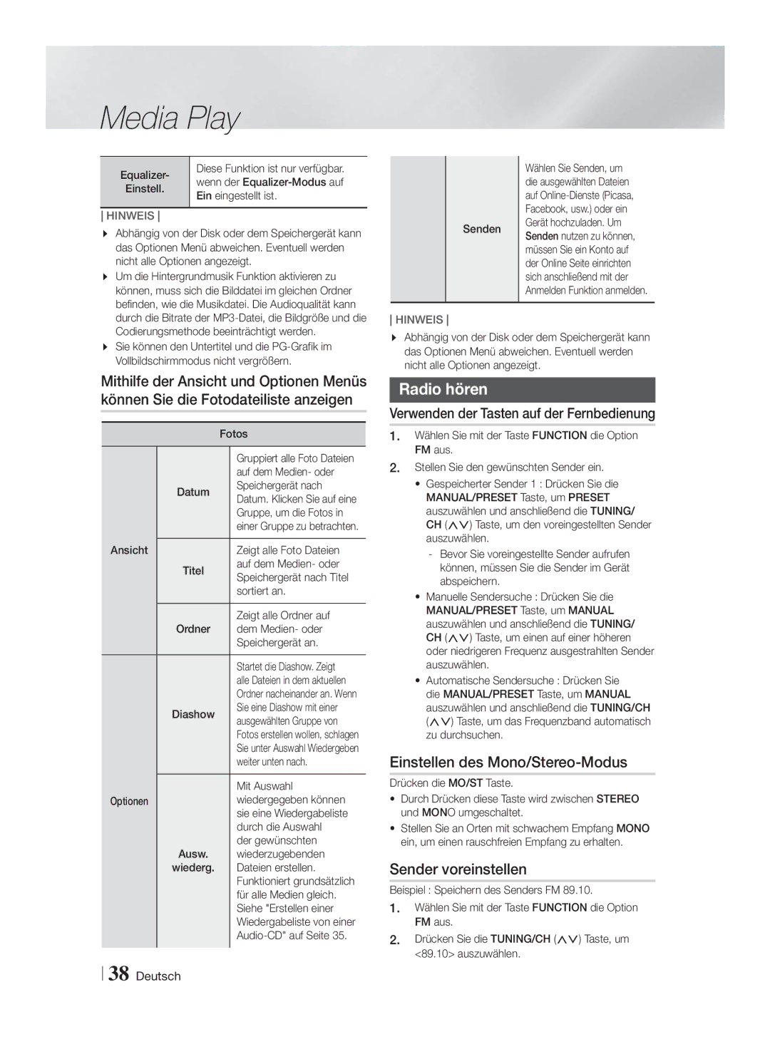 Samsung HT-F5200/EN, HT-FS5200/XN, HT-F5200/XN manual Radio hören, Einstellen des Mono/Stereo-Modus, Sender voreinstellen 