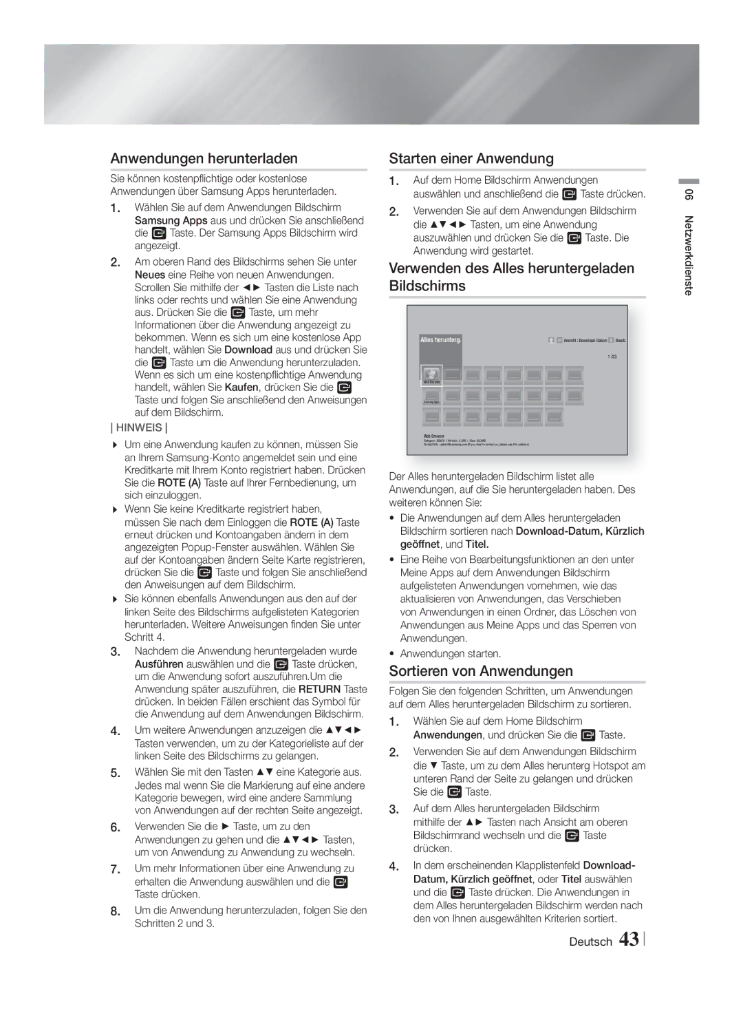 Samsung HT-FS5200/XE Anwendungen herunterladen, Starten einer Anwendung, Verwenden des Alles heruntergeladen Bildschirms 