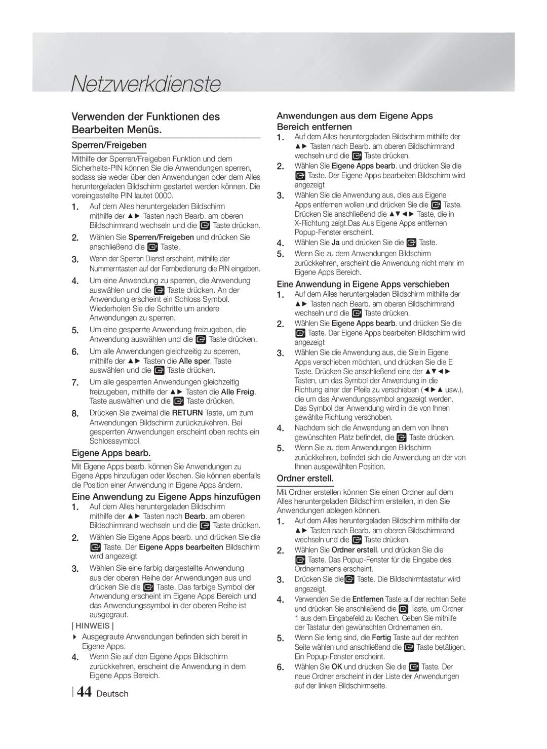 Samsung HT-FS5200/XN, HT-F5200/XN, HT-F5200/EN, HT-FS5200/EN, HT-F5200/ZF manual Verwenden der Funktionen des Bearbeiten Menüs 