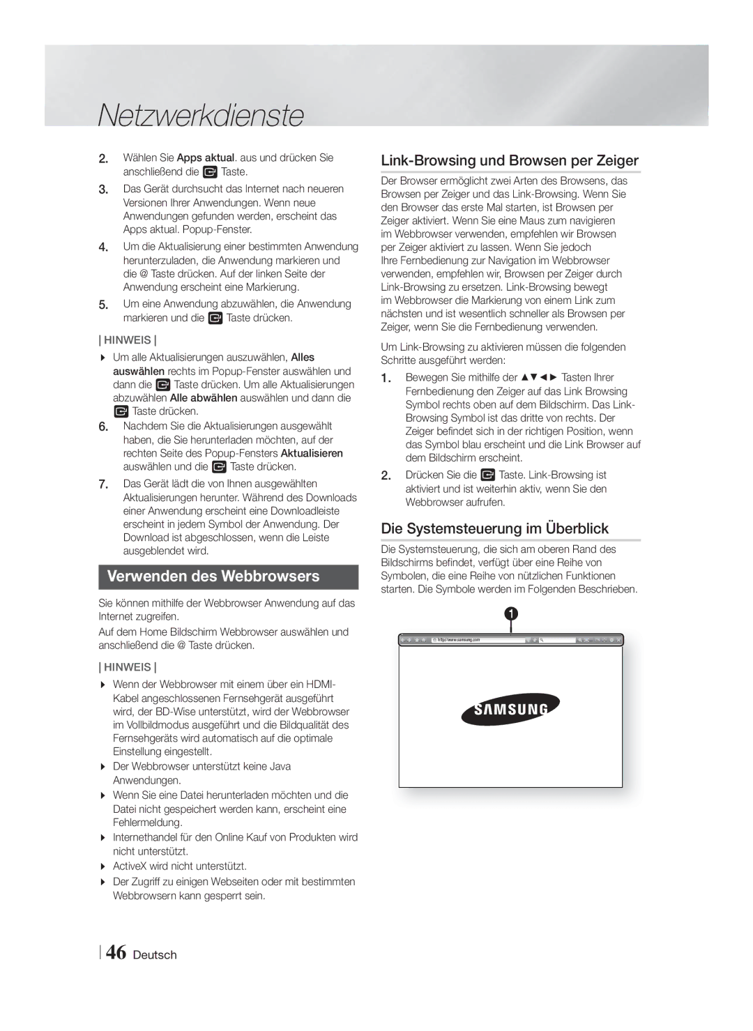 Samsung HT-F5200/EN Verwenden des Webbrowsers, Link-Browsing und Browsen per Zeiger, Die Systemsteuerung im Überblick 