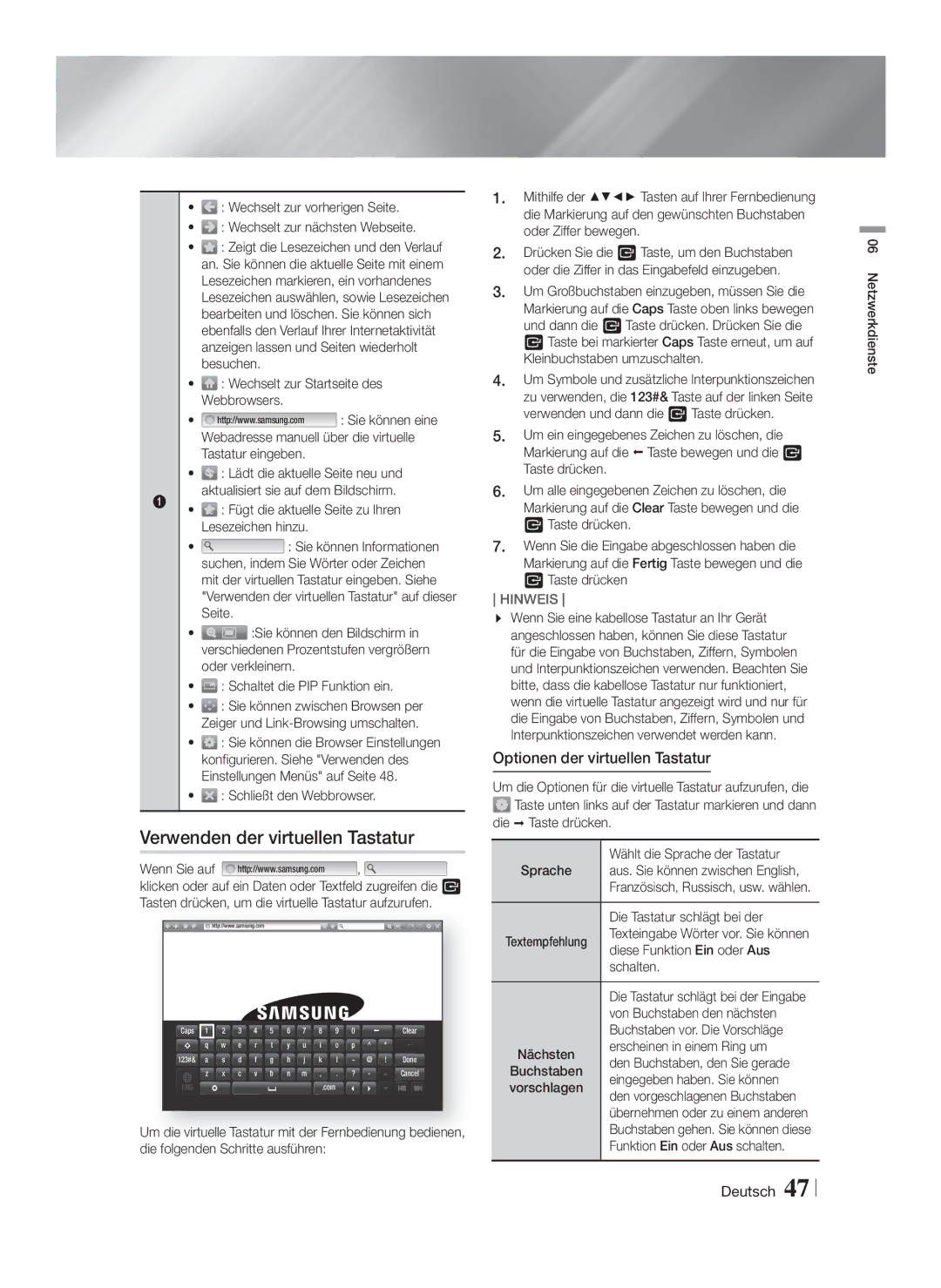 Samsung HT-FS5200/EN, HT-FS5200/XN, HT-F5200/XN manual Verwenden der virtuellen Tastatur, Optionen der virtuellen Tastatur 