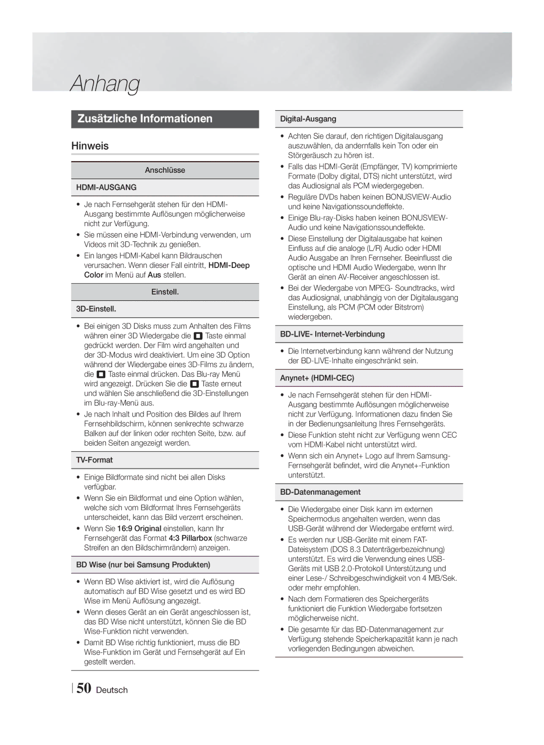 Samsung HT-F5200/XE manual Anhang, Zusätzliche Informationen, Hinweis, Hdmi-Ausgang, BD Wise nur bei Samsung Produkten 