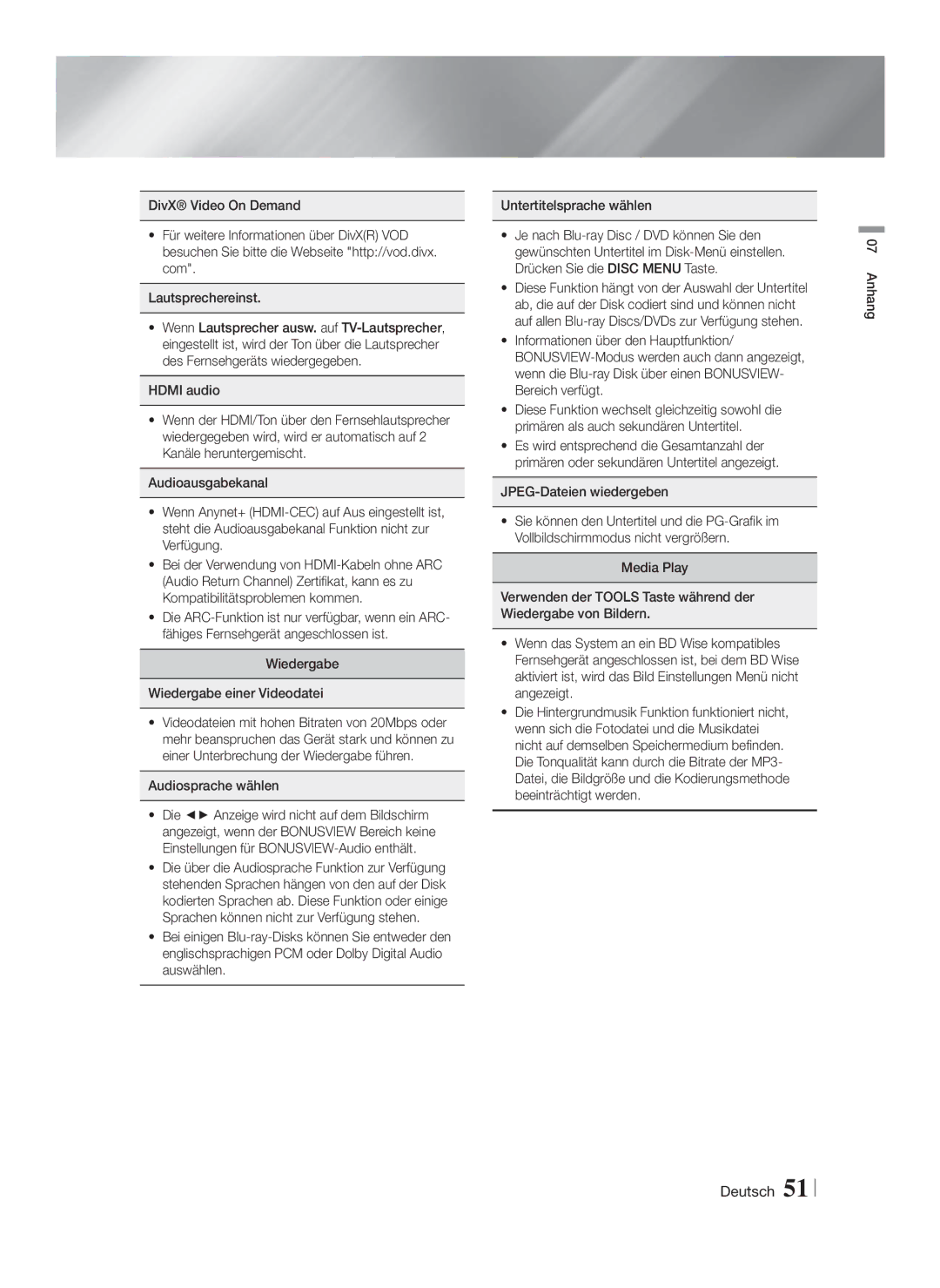 Samsung HT-FS5200/XE, HT-FS5200/XN, HT-F5200/XN, HT-F5200/EN, HT-FS5200/EN, HT-F5200/ZF manual Audiosprache wählen, Anhang 