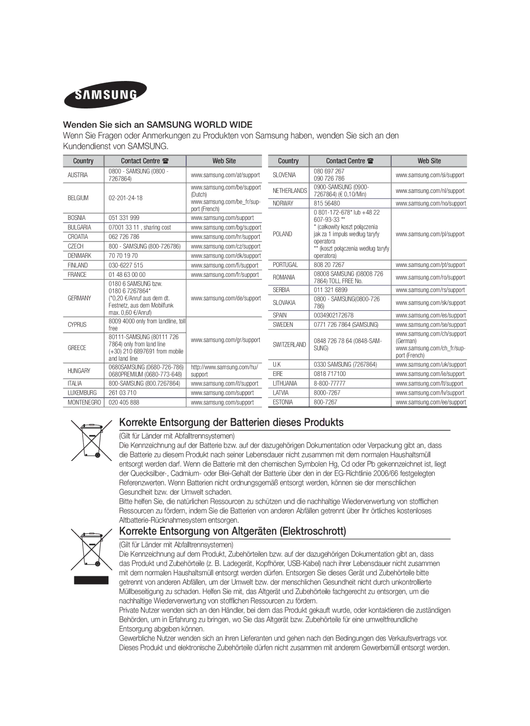 Samsung HT-F5200/XE Korrekte Entsorgung der Batterien dieses Produkts, Korrekte Entsorgung von Altgeräten Elektroschrott 