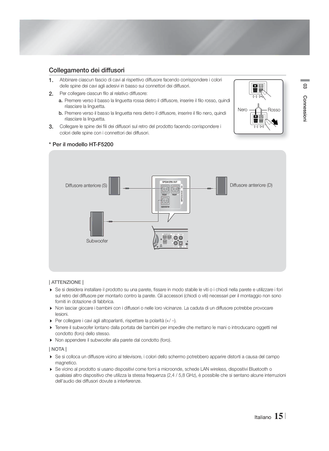 Samsung HT-FS5200/ZF, HT-FS5200/XN Collegamento dei diffusori, Per il modello HT-F5200, Diffusore anteriore S Subwoofer 