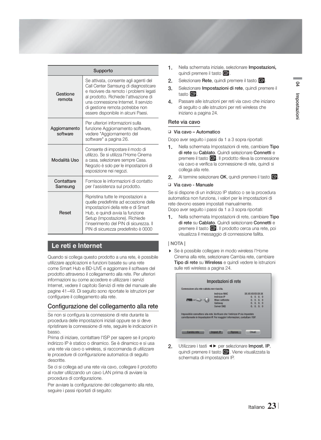 Samsung HT-FS5200/ZF, HT-FS5200/XN manual Le reti e Internet, Configurazione del collegamento alla rete, Rete via cavo 