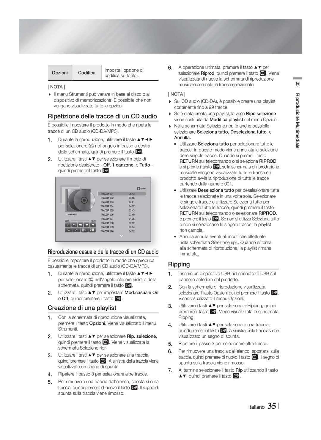 Samsung HT-F5200/XN, HT-FS5200/XN, HT-F5200/EN manual Ripetizione delle tracce di un CD audio, Creazione di una playlist 