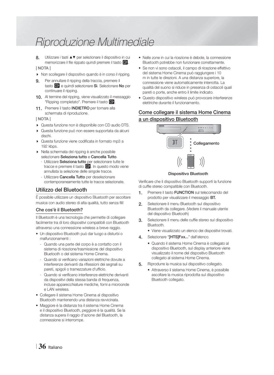 Samsung HT-F5200/EN, HT-FS5200/XN, HT-F5200/XN, HT-FS5200/EN, HT-F5200/ZF manual Utilizzo del Bluetooth, Che cosè il Bluetooth? 