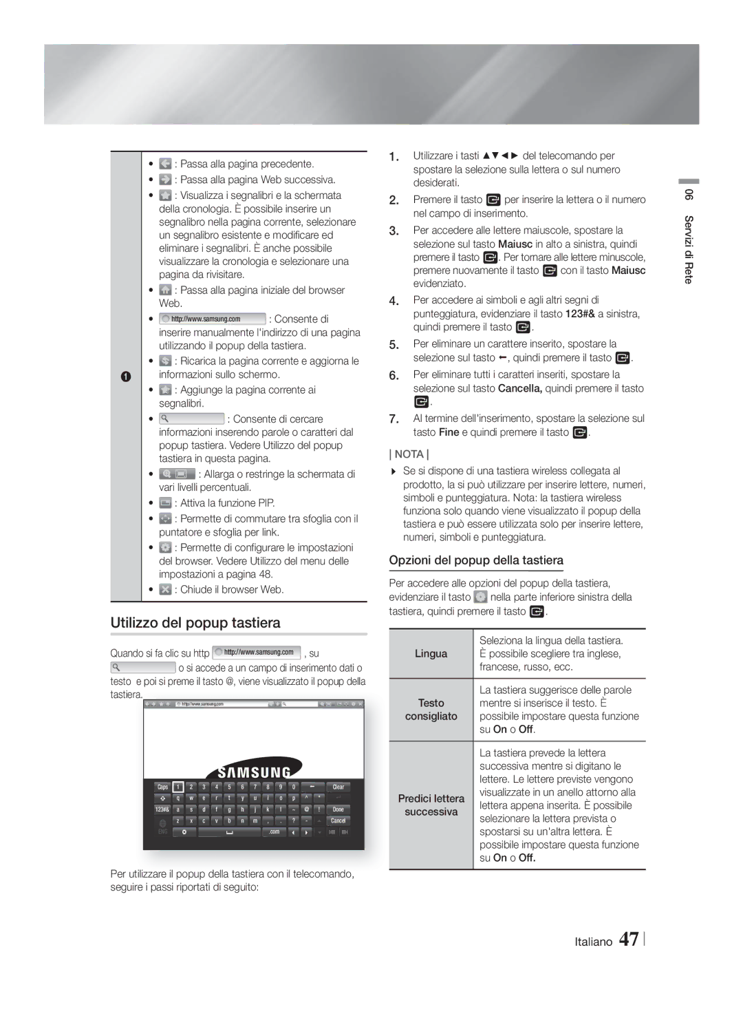 Samsung HT-FS5200/ZF, HT-FS5200/XN, HT-F5200/XN, HT-F5200/EN Utilizzo del popup tastiera, Opzioni del popup della tastiera 