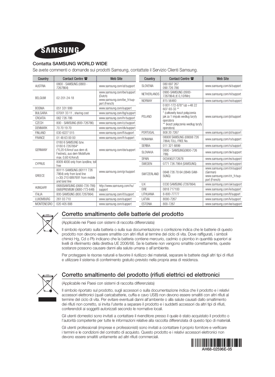 Samsung HT-FS5200/XN, HT-F5200/XN, HT-F5200/EN, HT-FS5200/EN, HT-F5200/ZF Corretto smaltimento delle batterie del prodotto 