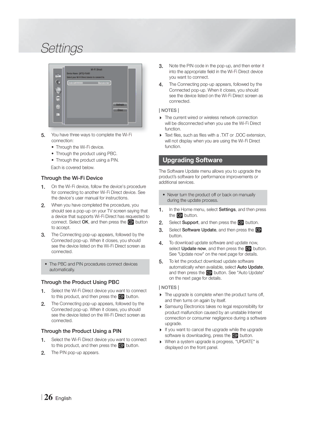 Samsung HT-F5200/EN, HT-FS5200/XN, HT-F5200/XN Upgrading Software, Through the Wi-Fi Device, Through the Product Using PBC 