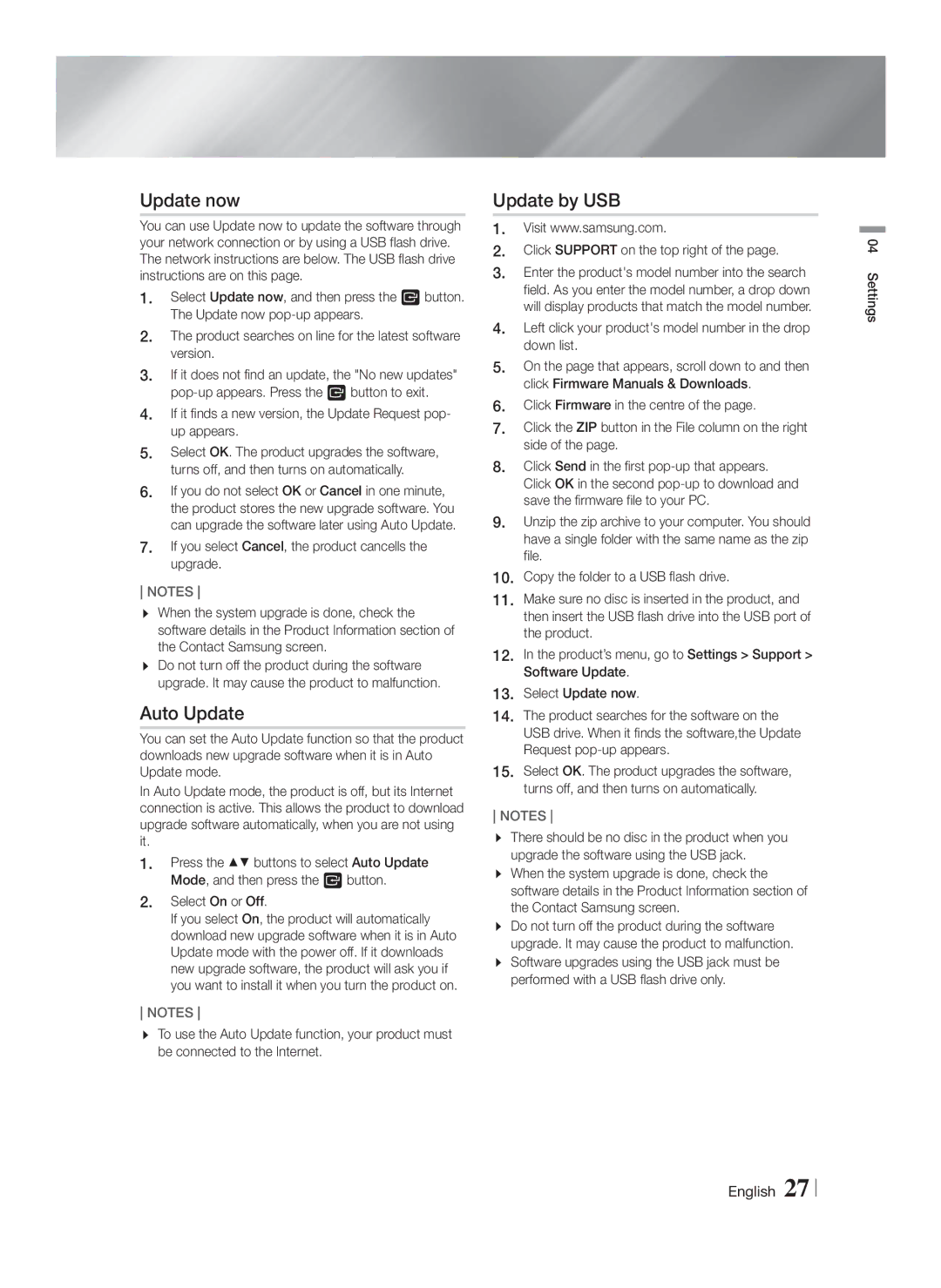 Samsung HT-FS5200/EN, HT-F5200/XN Update now, Auto Update, Update by USB, Select On or Off, Click Support on the top right 