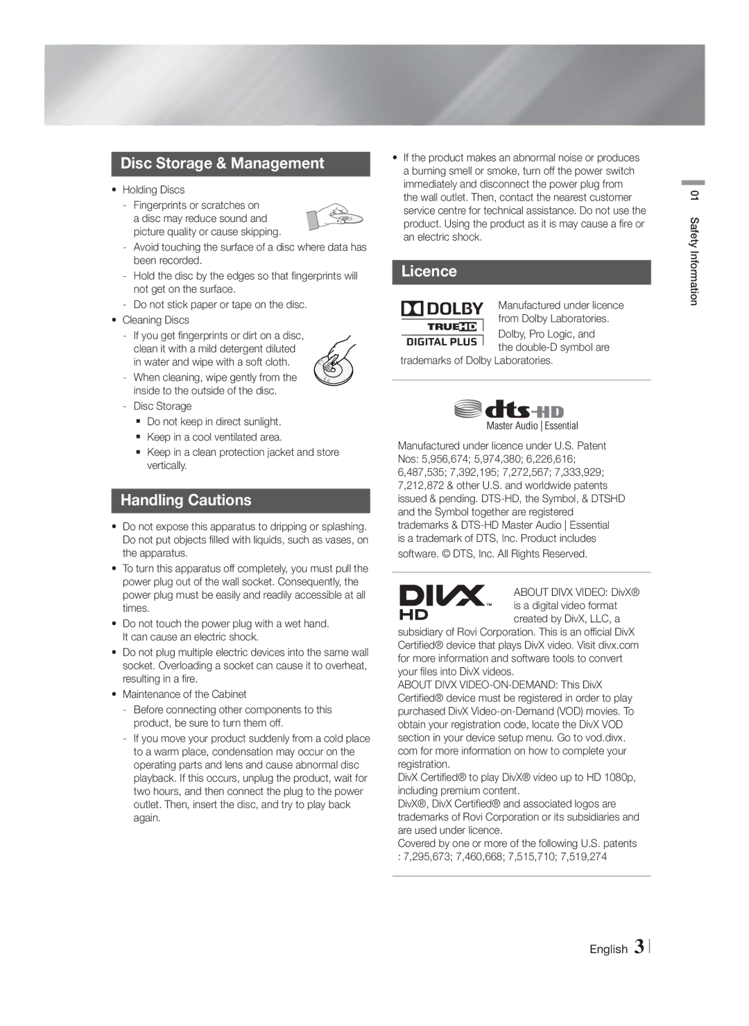 Samsung HT-FS5200/EN, HT-F5200/XN Disc Storage & Management, Handling Cautions, Licence, Holding Discs, Safety Information 