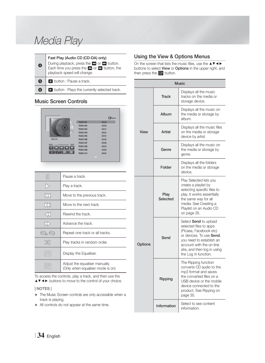 Samsung HT-F5200/EN, HT-FS5200/XN, HT-F5200/XN, HT-FS5200/EN, HT-F5200/ZF, HT-FS5200/ZF, HT-F5200/XE manual Music Screen Controls 