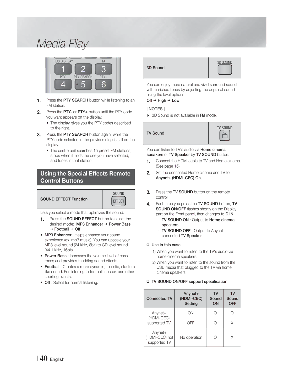 Samsung HT-FS5200/XN Using the Special Effects Remote Control Buttons, Sound Effect Function, TV Sound, Sound Setting 