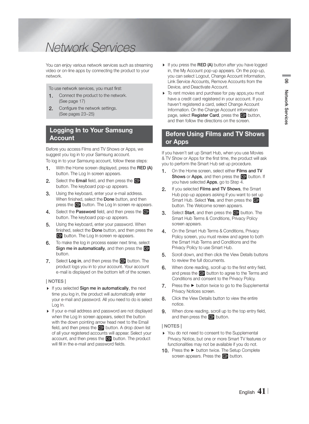 Samsung HT-F5200/XN manual Network Services, Logging In to Your Samsung Account, Before Using Films and TV Shows Or Apps 