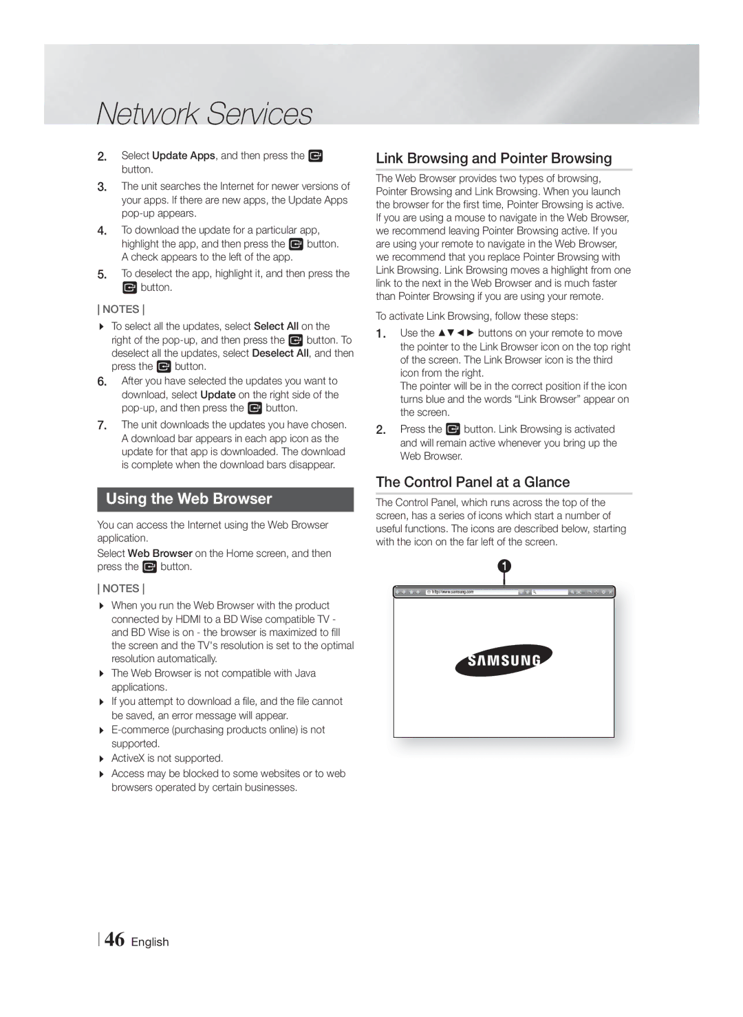 Samsung HT-F5200/XE, HT-FS5200/XN Using the Web Browser, Link Browsing and Pointer Browsing, Control Panel at a Glance 