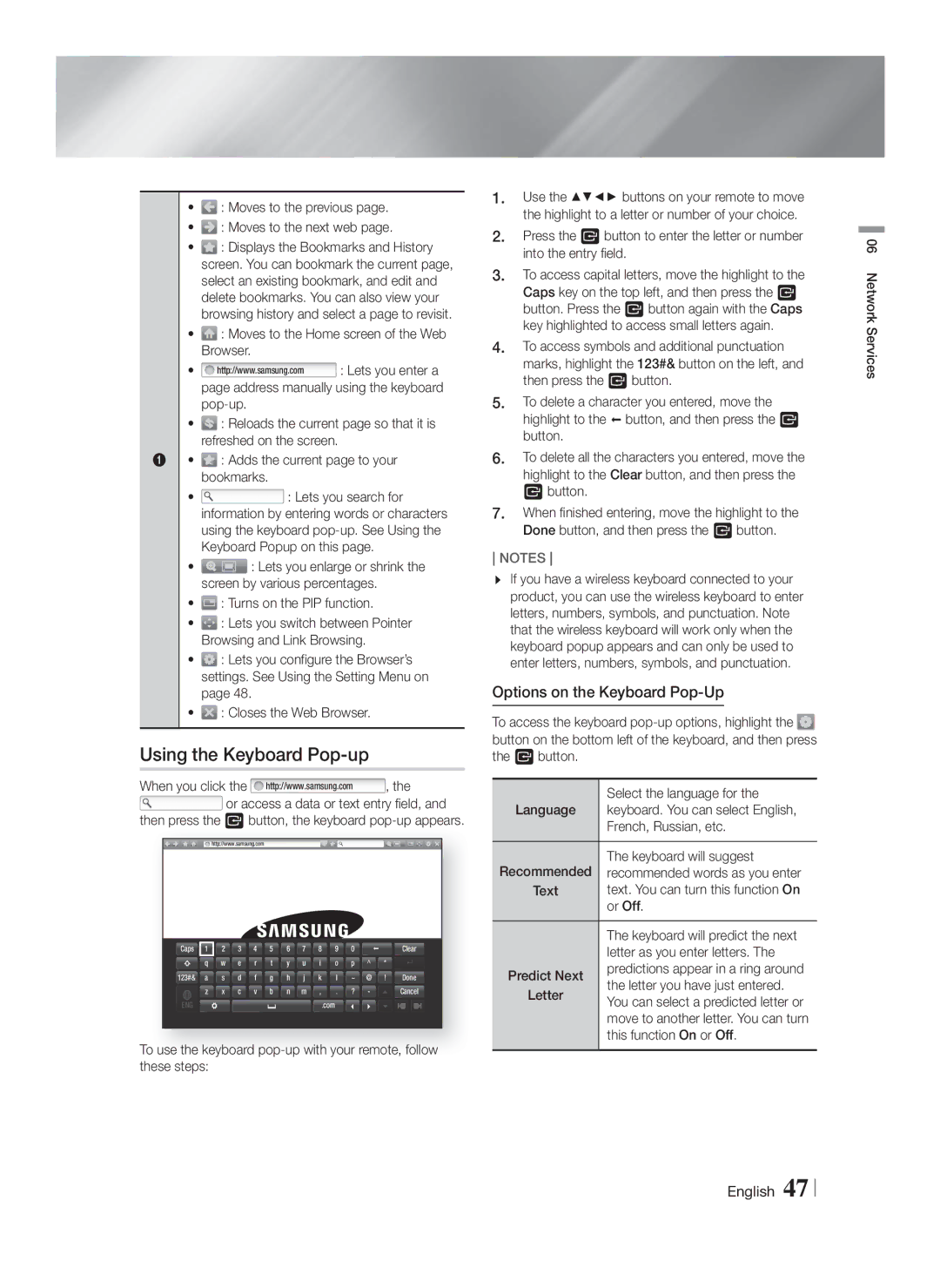 Samsung HT-FS5200/XE, HT-FS5200/XN, HT-F5200/XN, HT-F5200/EN manual Using the Keyboard Pop-up, Options on the Keyboard Pop-Up 