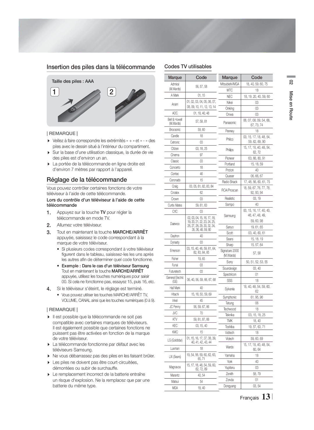 Samsung HT-FS5200/XE, HT-FS5200/XN Réglage de la télécommande, Codes TV utilisables, Taille des piles AAA, Marque Code 