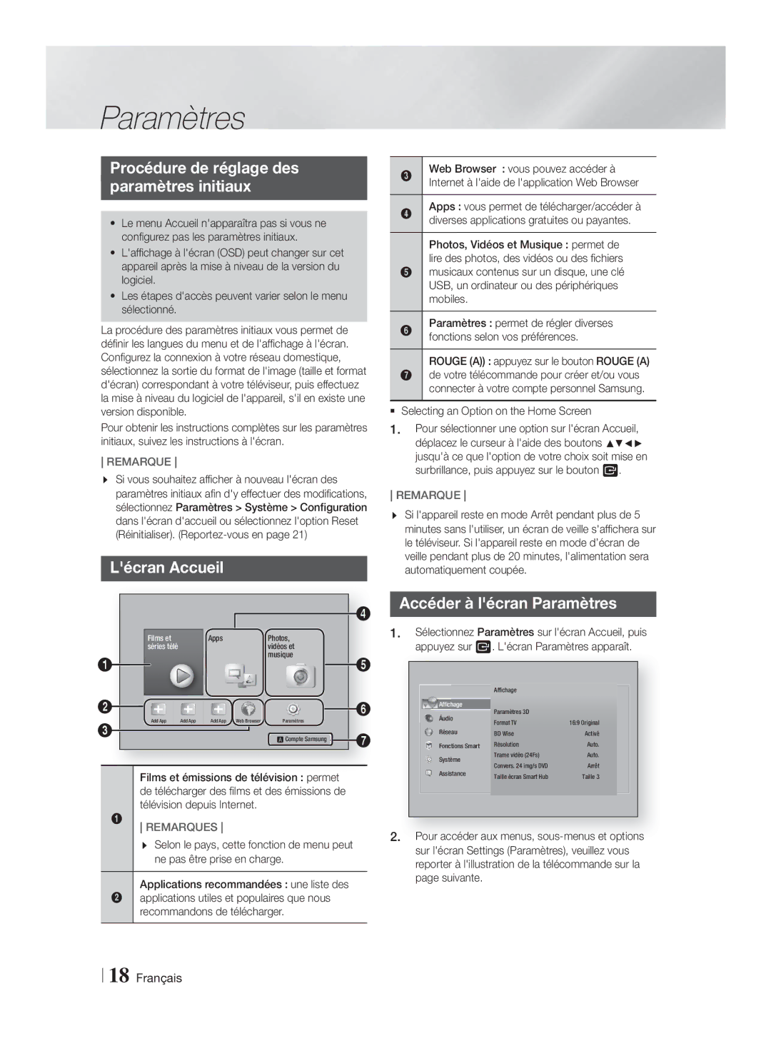 Samsung HT-F5200/ZF manual Procédure de réglage des Paramètres initiaux, Lécran Accueil, Accéder à lécran Paramètres 