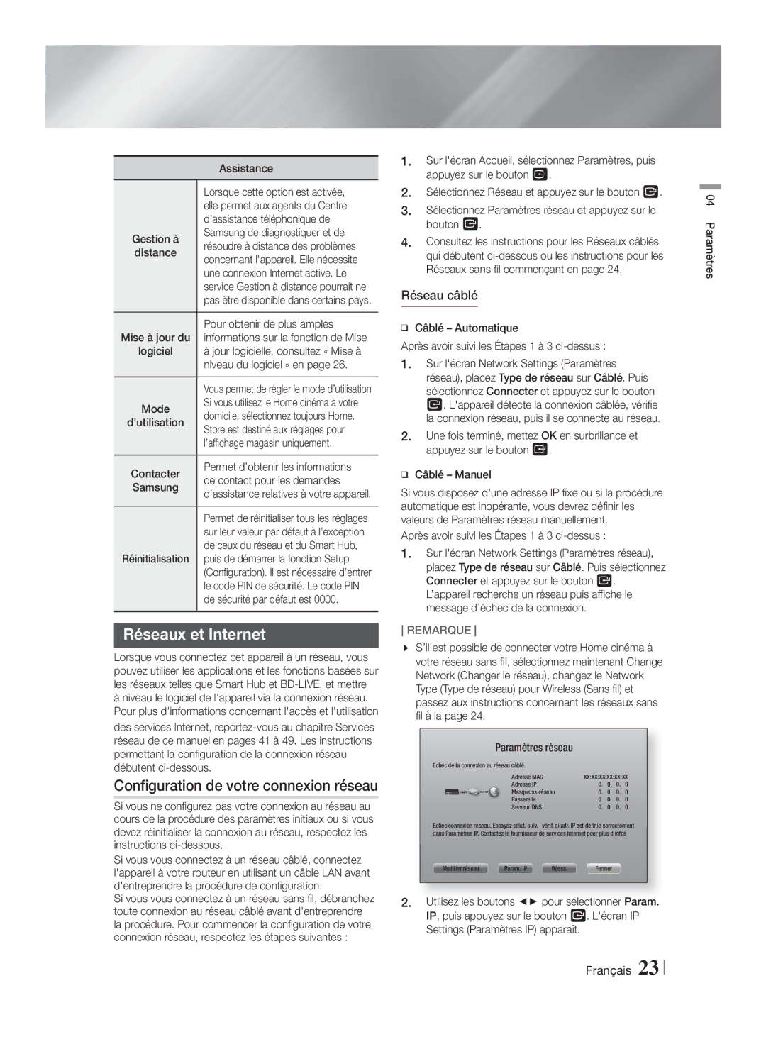 Samsung HT-F5200/XN, HT-FS5200/XN, HT-F5200/EN Réseaux et Internet, Configuration de votre connexion réseau, Réseau câblé 