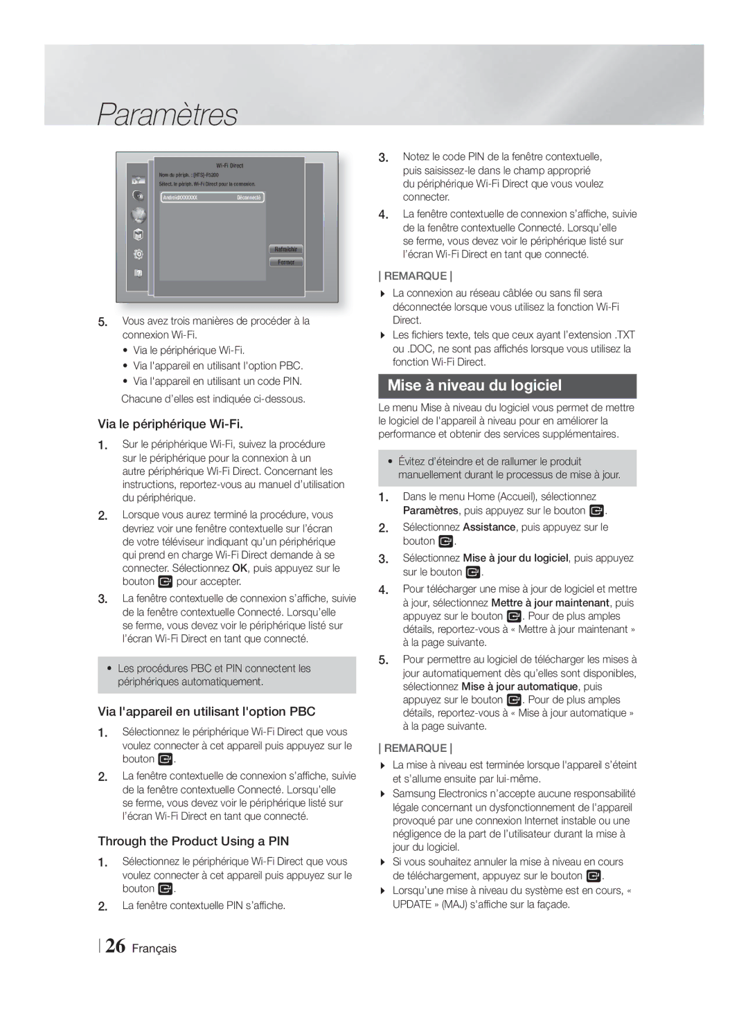 Samsung HT-F5200/ZF manual Mise à niveau du logiciel, Via le périphérique Wi-Fi, Via lappareil en utilisant loption PBC 