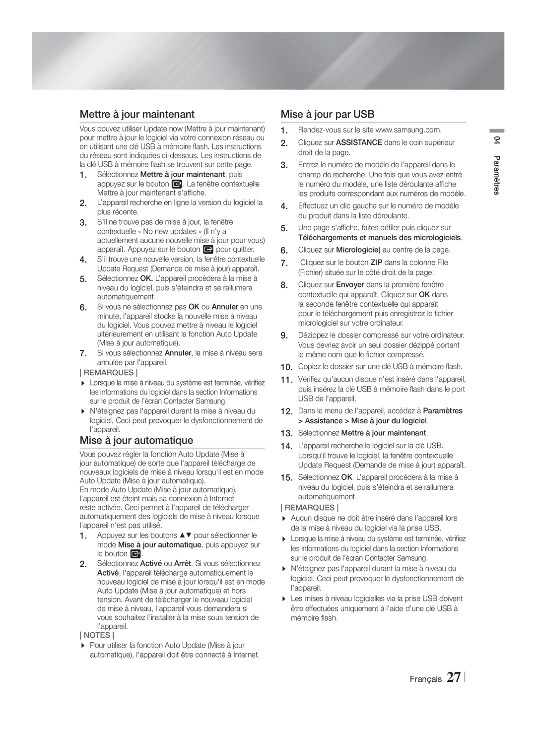 Samsung HT-FS5200/ZF, HT-FS5200/XN, HT-F5200/XN manual Mettre à jour maintenant, Mise à jour automatique, Mise à jour par USB 