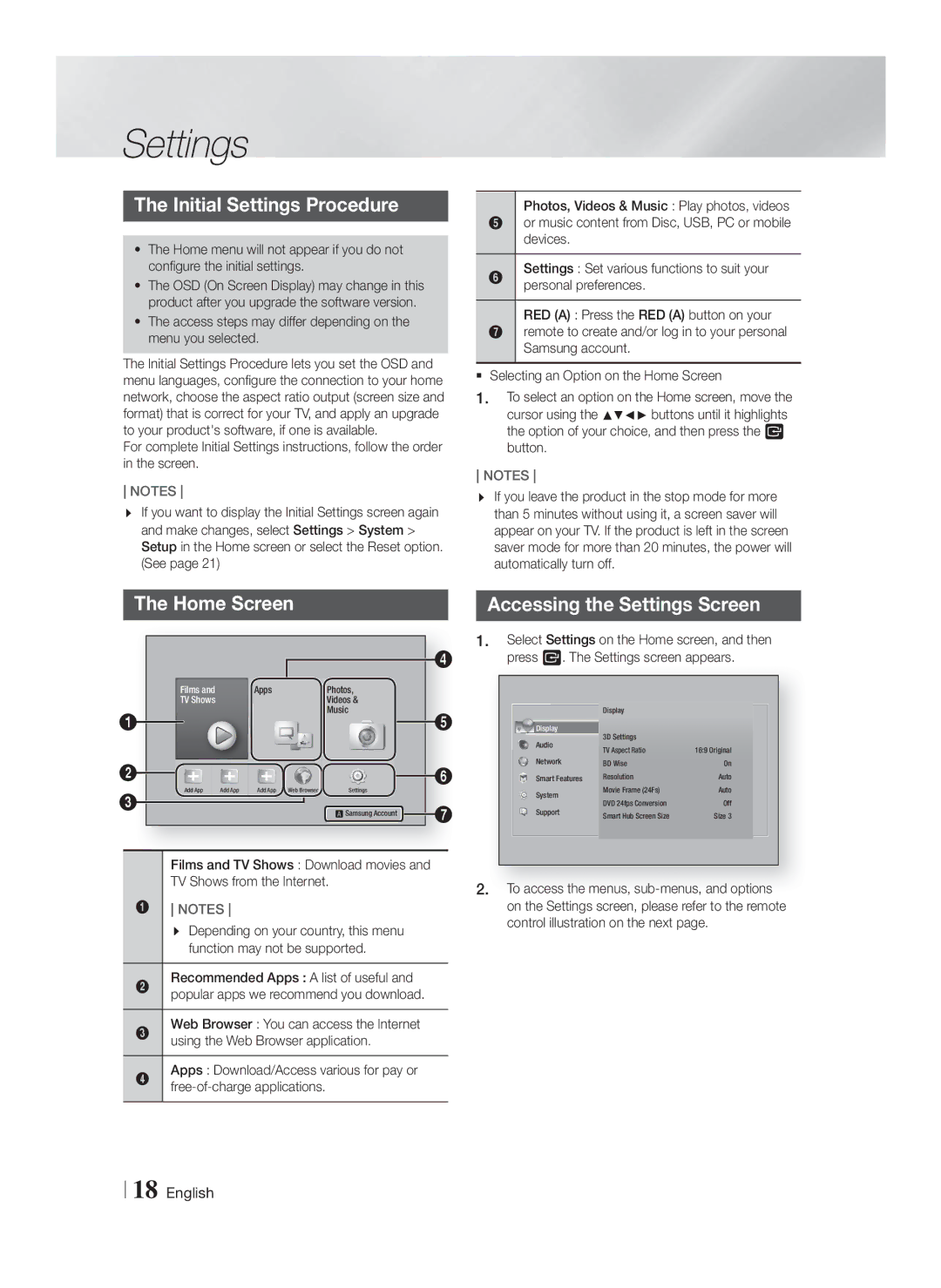 Samsung HT-F5200/EN, HT-F5200/XN Initial Settings Procedure, Home Screen, Select Settings on the Home screen, and then 