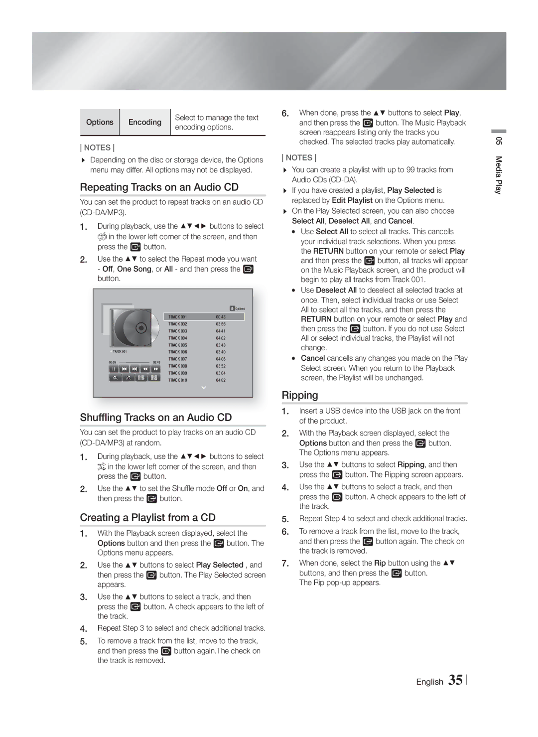 Samsung HT-FS5200/EN manual Repeating Tracks on an Audio CD, Shuffling Tracks on an Audio CD, Creating a Playlist from a CD 