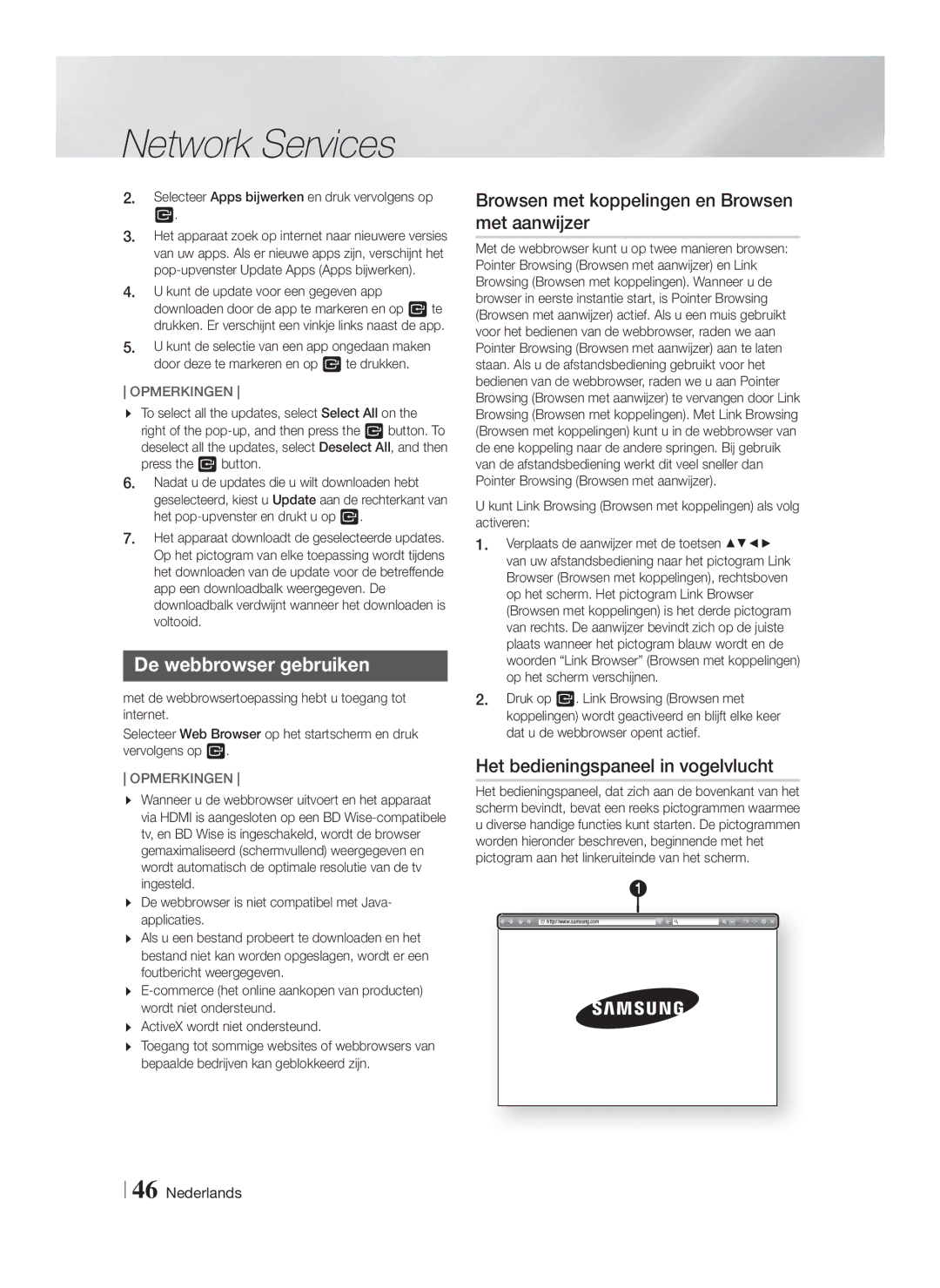 Samsung HT-F5200/EN, HT-FS5200/XN, HT-F5200/XN De webbrowser gebruiken, Browsen met koppelingen en Browsen met aanwijzer 