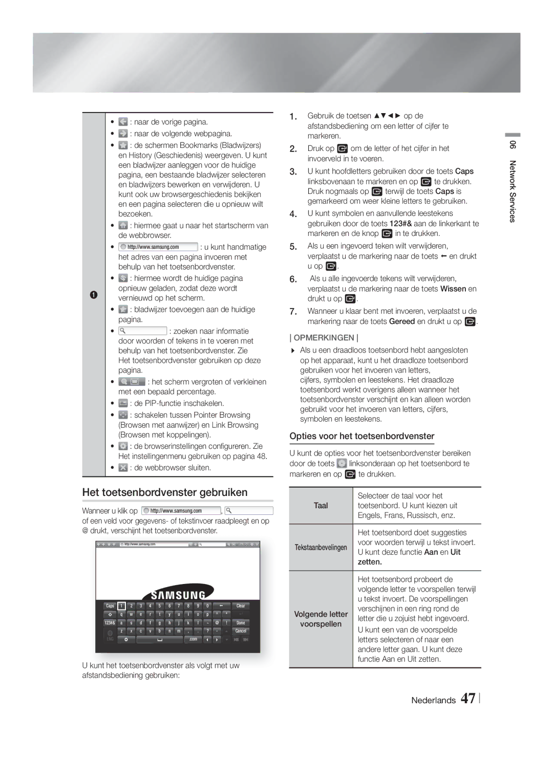 Samsung HT-FS5200/EN, HT-FS5200/XN, HT-F5200/XN manual Het toetsenbordvenster gebruiken, Opties voor het toetsenbordvenster 