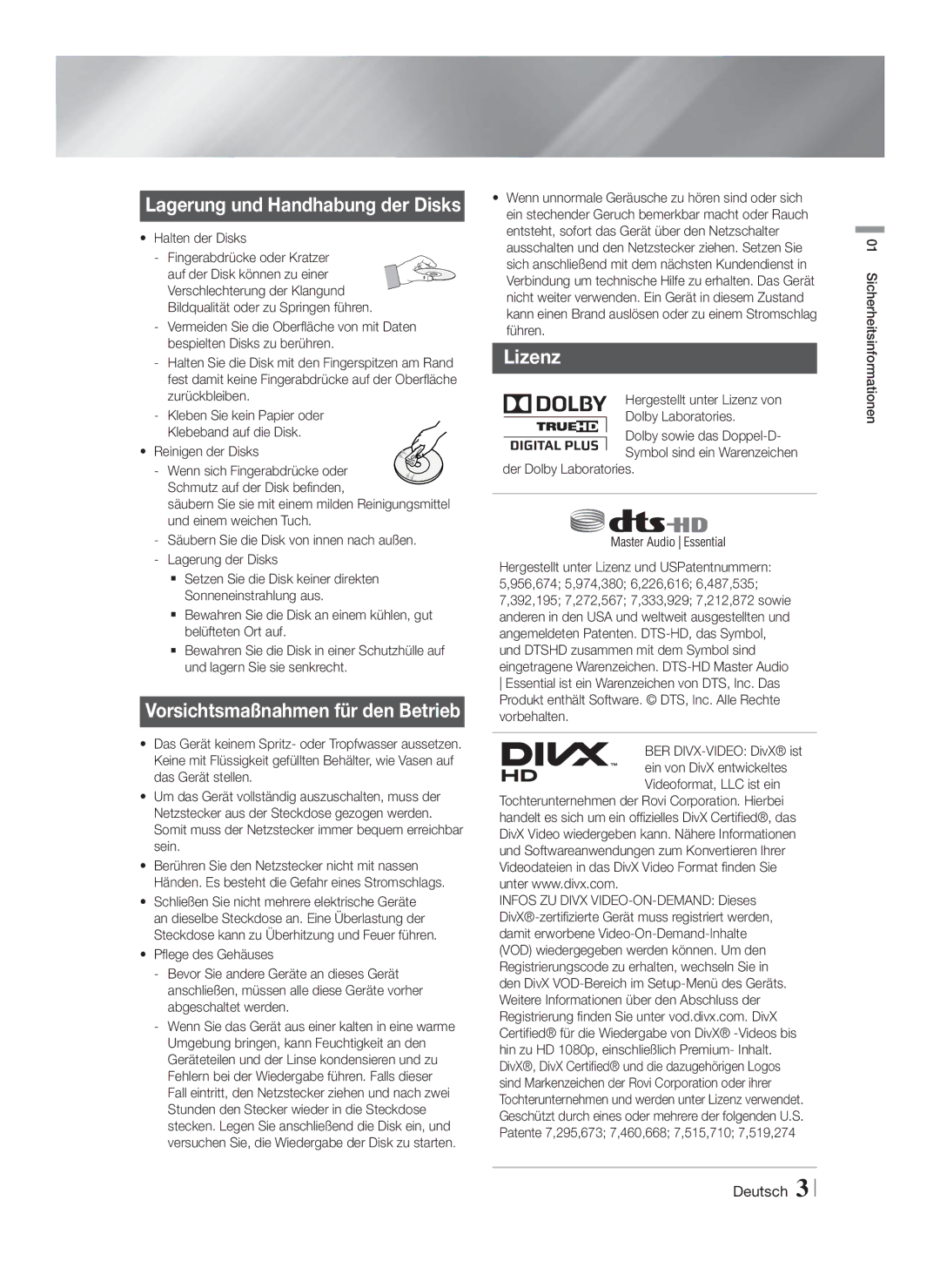 Samsung HT-FS5200/ZF, HT-FS5200/XN, HT-F5200/XN, HT-F5200/EN, HT-FS5200/EN manual Lagerung und Handhabung der Disks, Lizenz 