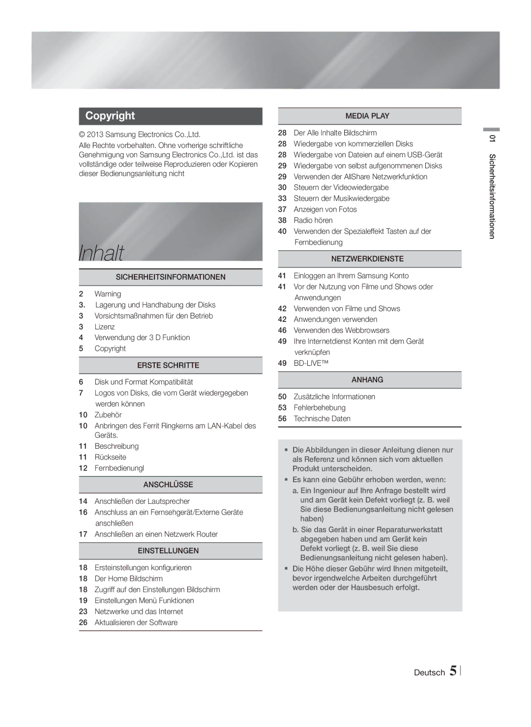 Samsung HT-F5200/XN, HT-FS5200/XN, HT-F5200/EN, HT-FS5200/EN, HT-F5200/ZF, HT-FS5200/ZF manual Inhalt 